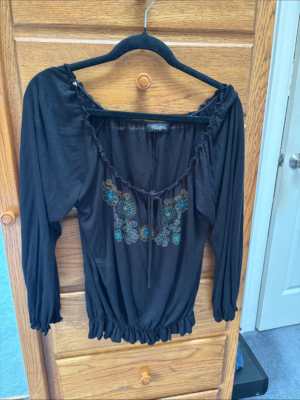 Black Long-Sleeve Peasant Top with Teal & Gold Embroidery
